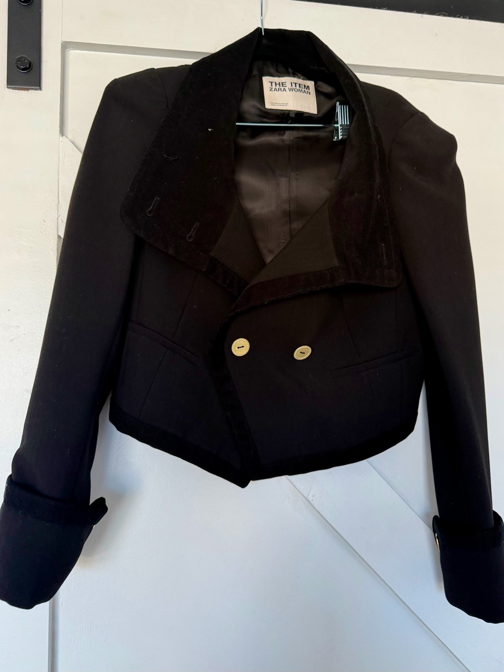 Zara Black Cropped Double-Breasted Blazer with Velvet Trim